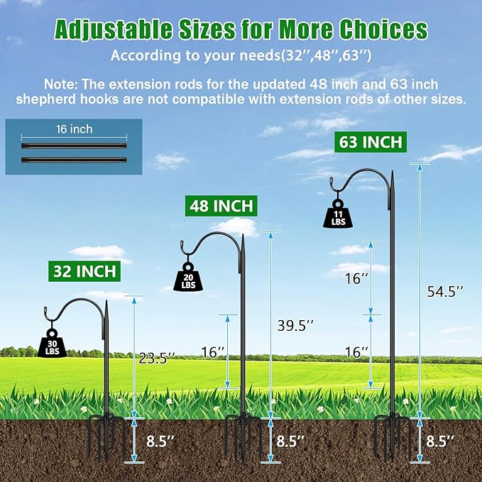 FEED GARDEN Bird Feeder Pole, 60 Inch Shepherds Hooks for Outdoor with 5 Prong Base, Adjustable Heavy Duty Shepherds Hook for Plant Baskets, Hummingbird Feeder, Wedding Decor, Lanterns,2 Pack