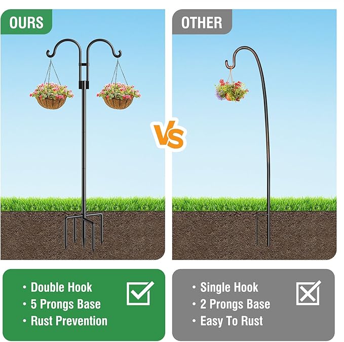 Relx Bird Feeder Pole - Adjustable Double Shepherds Hooks for Bird Feeder with 5 Prong Base - 76 Inch Heavy Duty Shepherds Hooks for Outdoor for Outside for Hanging Garden Plant,Solar Light Lanterns