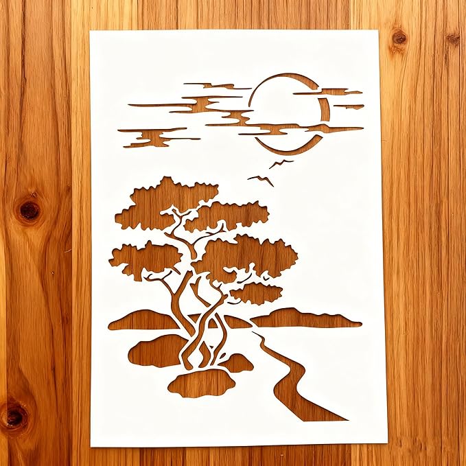 TIAMECH A4 Reusable Night Scene Stencil for Painting - Moon Road Tree Mountain Layering Template, DIY Wall Art, Wood Furniture, Scrapbook & Crafts (8.3x11.7inch)