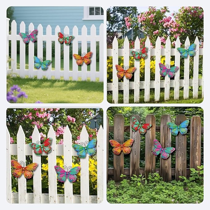 Junware 4 Pieces Metal Butterfly Wall Art Decor - 7.5" Outdoor Fence Wall Sculpture Decor, Hanging Decoration for Garden Yard Living Room Bedroom Patio Balcony, Nice Gift for Mom Friend
