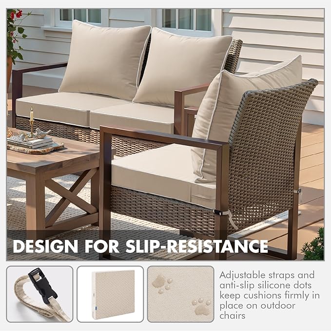 MIULEE Beige Outdoor Seat Cushion 22x24 Inch Waterproof & 3 Year Fade Resistant Deep Seat and Back Cushion for Patio Furniture Chair Sofa Couch with Handle and Adjustable Straps