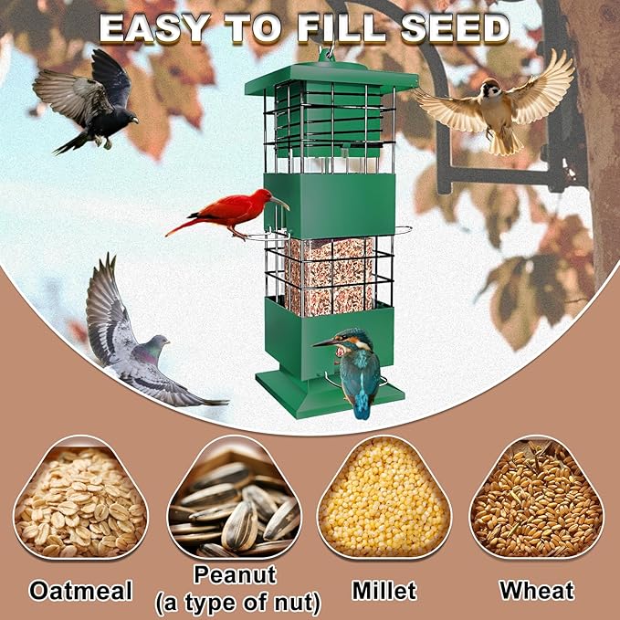 Squirrel Proof Bird Feeders for Outdoors, 3 LBS Large Birdfeeders Outside Hanging, Metal Bird Feeder with 4 Feeding Ports, Weight Activated Backyard Wild Bird Feeders for Finch, Cardinal, Bluebird