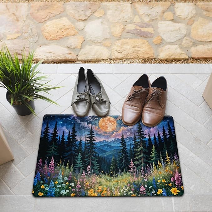 JINYO Watercolor Boho Moon Wildflower Door Mat, Cottagecore Forest Aesthetic Welcome Mat Doormat for Front Door Porch Indoor Outside Entrance Entryway, 17x30 Inch
