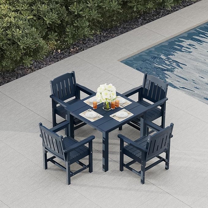 Poly Lumber Patio Dining Set, HIPS Outdoor 36.2-Inches Dining Table and Slat Back Chairs, with Umbrella Hole, Weather Resistant (5 Piece, Navy Blue)