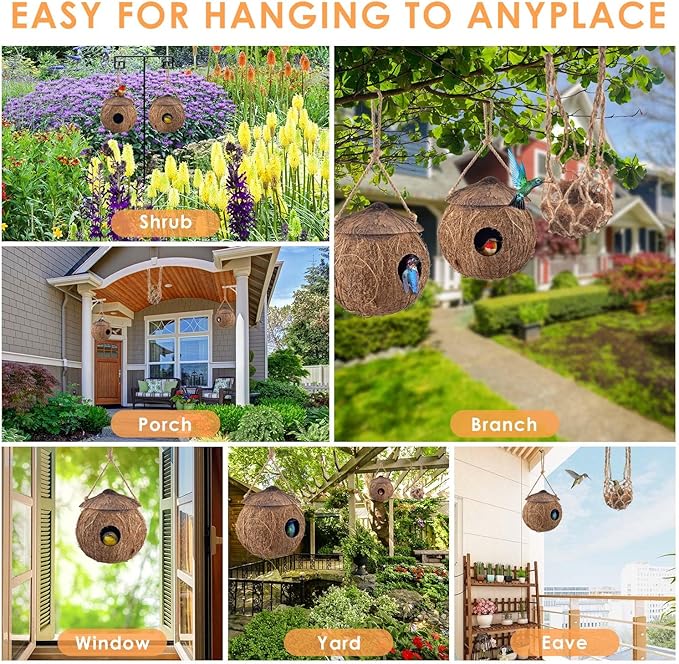 KATUMO Hummingbird Houses, Natural Coconut Bird Houses for Outside Hanging Hummingbird Swinging Nest, with Coconut Fiber Bedding for Nesting Window Garden Outdoor Home, 3Pcs