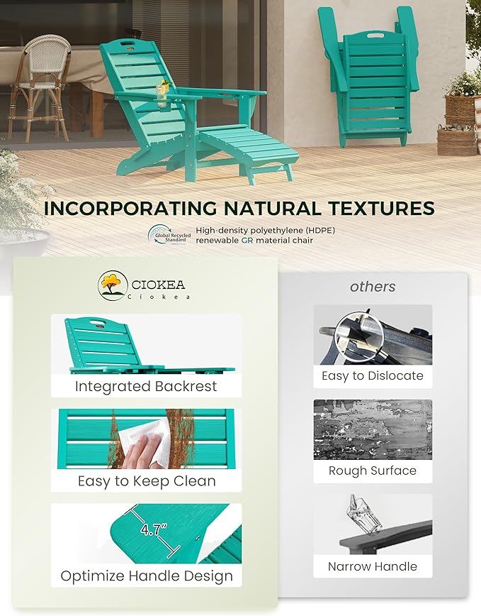 Ciokea Folding Adirondack Chair Set of 6 with Retractable Ottoman Fire Pit Patio Chair with Pull Out Foot Rest Weather Resistant Lawn Outdoor Chair with 2 Cup Holder (Lake Blue)
