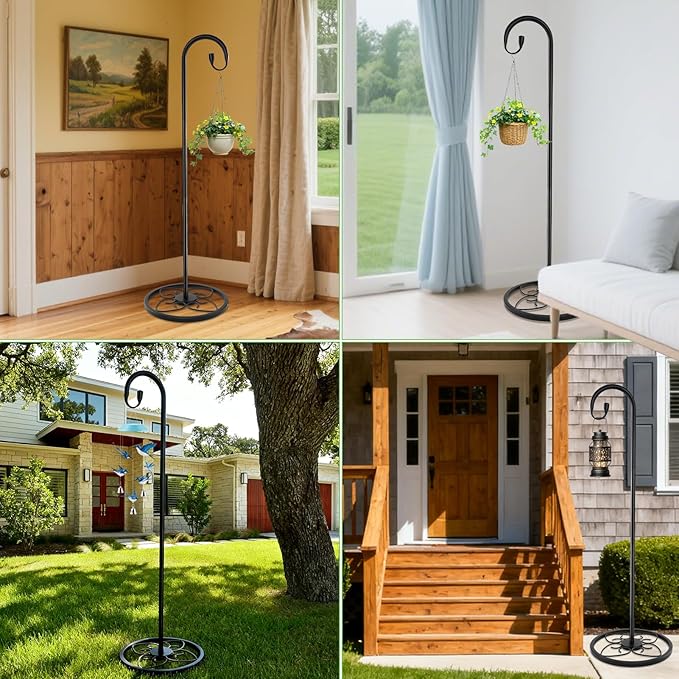 63" Adjustable Shepherd Hook Stand with Round Base Stand for Wind Chime, Bird Feeder, Lantern for Indoor & Outdoor Garden Patio Home Decor.