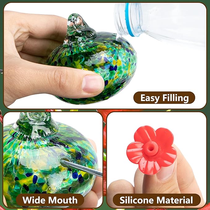 DECOHS Decorative Hummingbird Feeders for Outdoors Hanging with 6 Flower Feeding Ports, Leak Proof Fence Hand Blown Glass Humming Bird Feeders with Shepherd Hook for Window Garden Patio Fence Decor