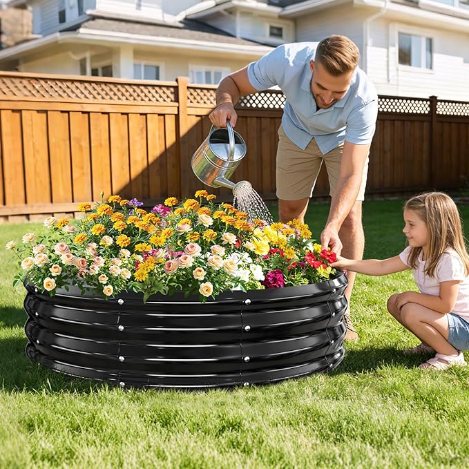 12 Inch Tall Heavy-Duty Round Steel Rised Garden Bed – Wave-Shaped Design Galvanized Metal Planter Box for Vegetables Flowers Succulent at Patio/Garden Outdoor (Black, 48" Diameter)