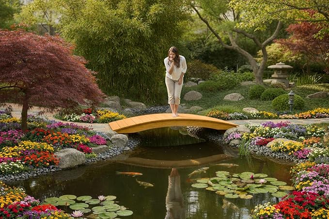 6 FT Oak Amish Made Pinewood Heavy Duty Garden Bridge for Walkway, Backyard Pond & Landscaping, Outdoor Wooden Footbridge for Koi Pond, Japanese Style Decorative Bridge, Made in USA