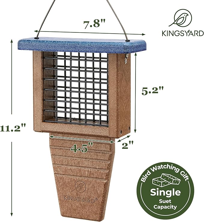 Kingsyard Recycled Plastic Suet Bird Feeder, Tail Prop Suet Feeder for Outside Hanging, Sturdy & Durable, Great for Woodpecker & Clinging Birds, Blue