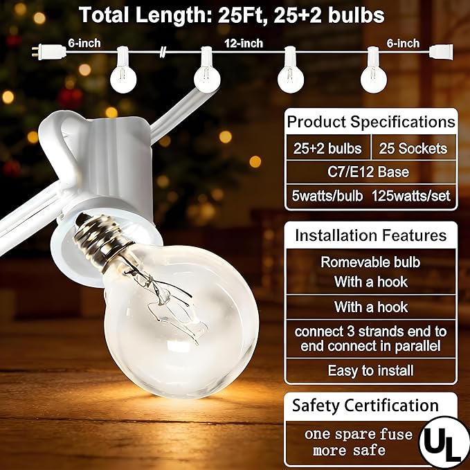 Abeja 25FT Outdoor White String Lights, G40 Globe Patio Lights with 27 Clear G40 Bulbs, Waterproof Hanging Outdoor Light for Backyard Porch Balcony Party Decor - White Wire