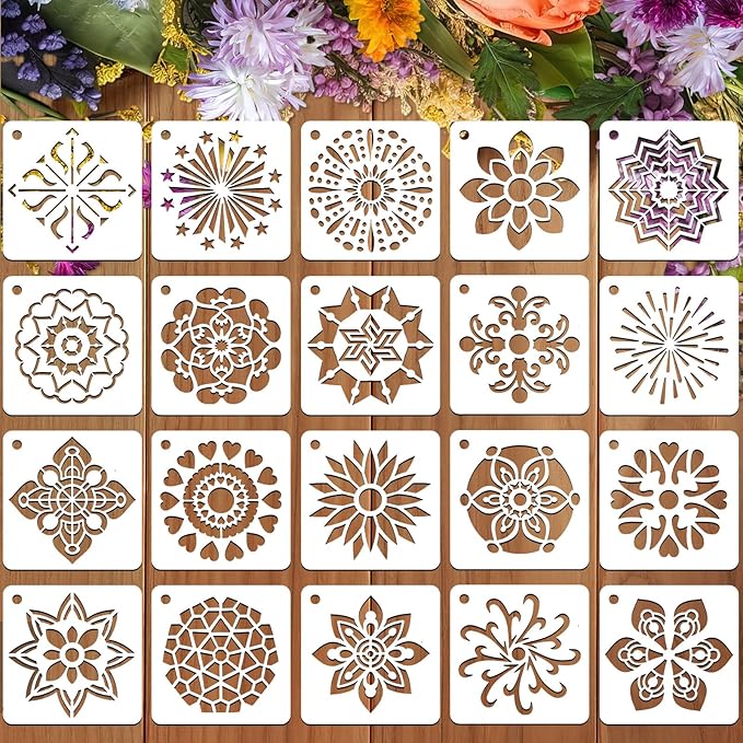JULMELON 20 PCS Mandala Stencil, 3 Inch Mandala Stencils for Wood, Reusable Plastic Rock Painting Stencils DIY Art Projects Fabric Canvas Wall