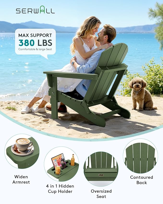 SERWALL Folding Adirondack Chair, Paito Adirondack Chairs with 4-in-1 Multi-Functional Cup Holder, Outdoor Chairs, All Weather Fire Pit Chair for Garden, Poolside, Backyard, Lawn - Army