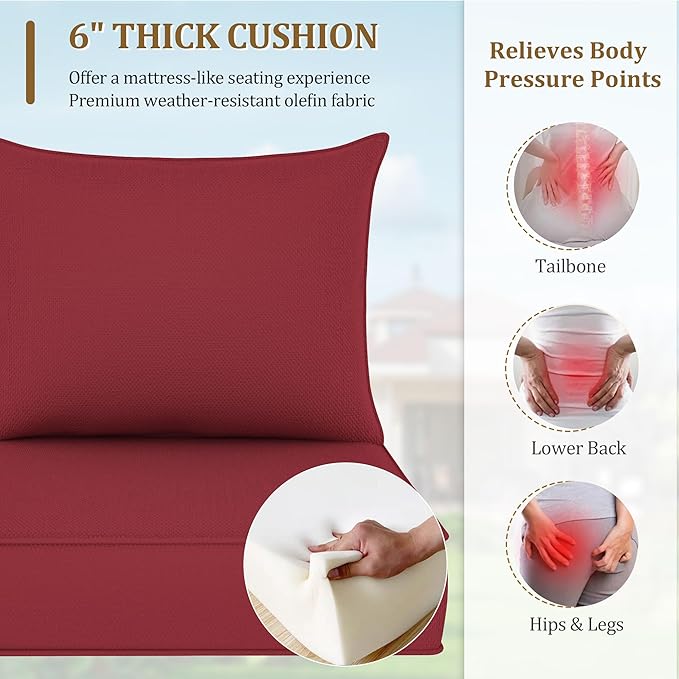 Outdoor Deep Seat Cushion Set, Fade Resistant Patio Chair Cushions, 24x24x6 Inch Patio Sofa Furniture Pad with Removable Cushion Covers (Burgundy, 24''Lx24''Wx6''H-2pcs Set)