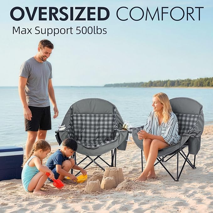 Oversized Camping Chairs for Adults - Heavy Duty Padded Outdoor Folding Lawn XL Camp Chair with Cup Holder Cooler Pockets for Outside Sports Beach Fishing Garden Portable Supports 500lbs, Grey