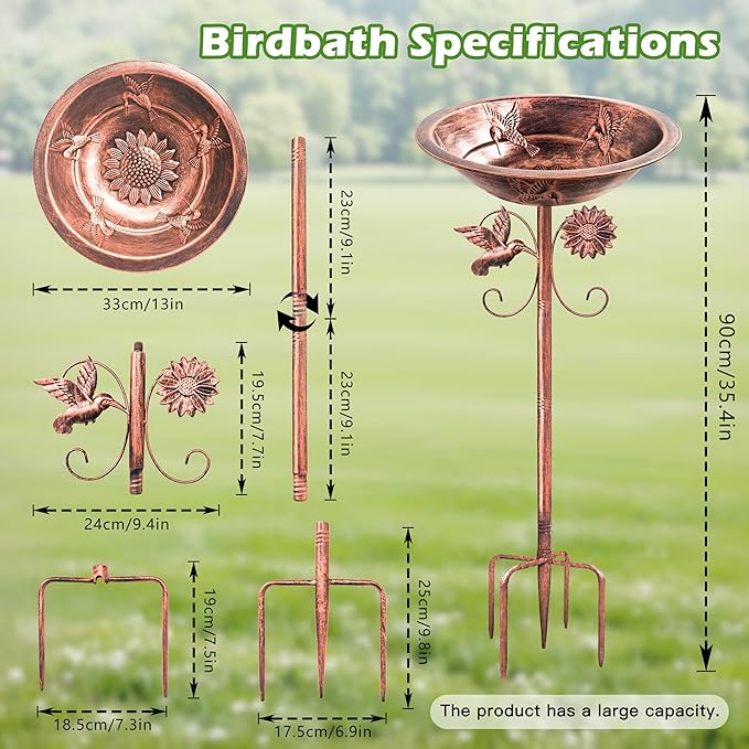Metal Bird Baths for Outside, Birdbaths for Outdoors with Deep Bowl, 5 Prong Stake Large Capacity Hummingbird Freestanding Birdfeeders Patio Garden Yard Lawn Decor Bird Feeders Bowls-13x13x35