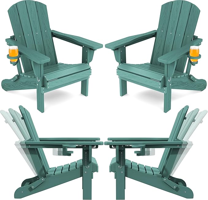 SERWALL Folding Adirondack Chair Set of 4, Adjustable Adirondack Chair with 3 Recline Positions, All Weather HDPE Outdoor Adirondack with Cup Holders, Light Green