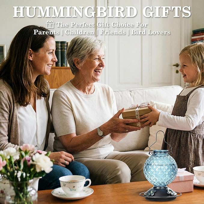 Glass Hummingbird Feeder for Outdoors Hanging, 25 OZ Humming Bird Nectar Feeder with 4 Bee Guard Feeding Ports & Built-in Ant Moat, Bird Feeder for Outside, Gifts for Women Mom, Blue