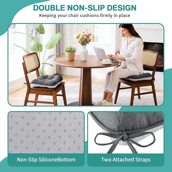 BETU Chair Cushions for Dining Chairs Set of 6,3.5" Thick Kitchen Table Chair Pads with Ties,Non Slip Backing and Covers, Seat Cushion for Dining Room,Bar,Patio Chairs,16"X16"X3.5",Dark Grey