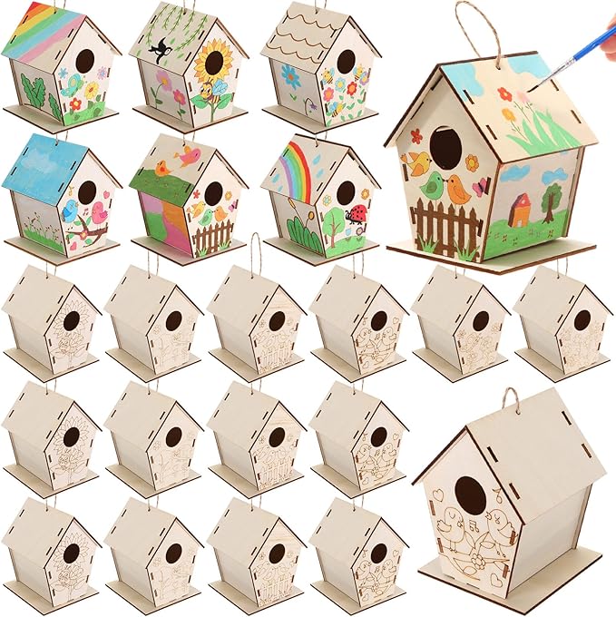 24 Pack Wooden Bird House Bulk for Kids Birdhouse Kit Wood Houses for DIY Unfinished Hanging Birdhouse Kits Wooden Craft Houses to Paint VBS Craft Family Crafts
