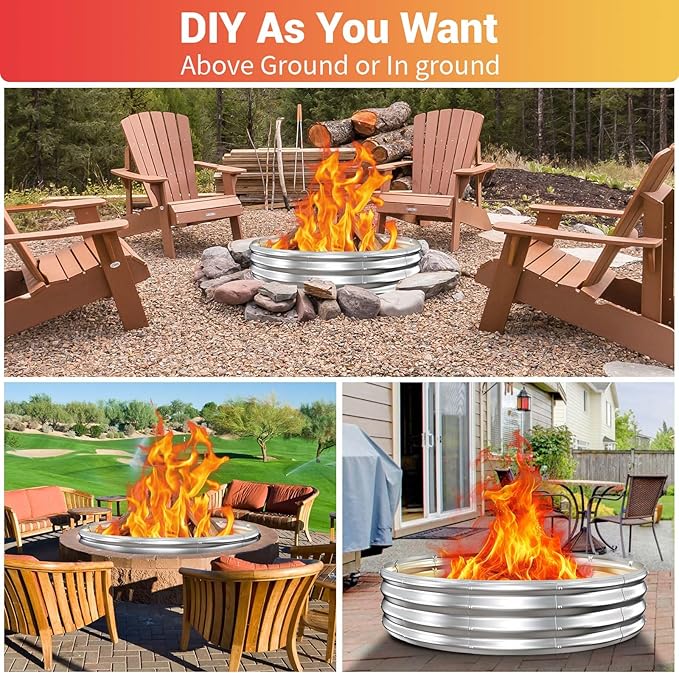 60 Inch Extra Large Fire Pit Ring for Outside, Heavy Duty Wood Burning Firepits & Outdoor Fireplace,12'' Tall High Heat Resistant Fire Bowl Galvanized Steel Portable for Backyard Bonfire,Patio,Camping