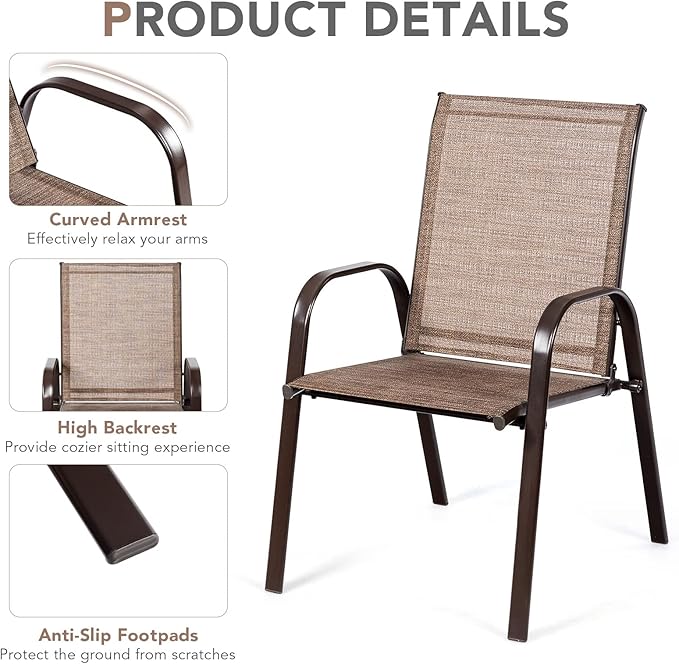 Tangkula 2 Piece Patio Dining Chairs, Outdoor Bistro Chairs W/Curved Armrests, Easy-to-Dry Fabric, Reinforced Steel Frame, Wide & Comfortable Camping Chairs for Garden, Poolside, Backyard (1, Brown)