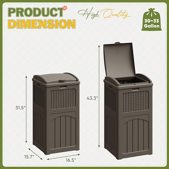 Greesum 33 Gallon Outdoor Trash Can with Lid, Waterproof Resin Garbage Bin for Hideaway, Deck, Patio, 2 Pack, Dark Brown