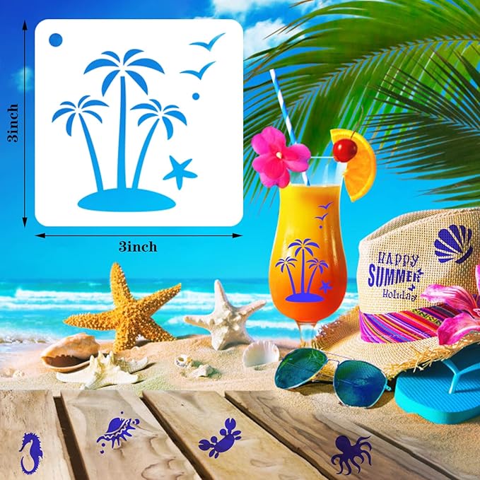 Augshy Beach Stencils, 56 Pack Summer Beach Wood Hawaiian Ocean Life Stencils for Scrapbooking Drawing Wall Floor Decor DIY Rock Painting Art Projects (3 Inch)