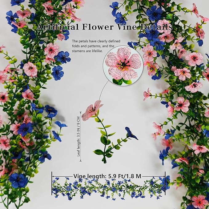 4 Pcs Faux Flowers Garland Plant, Artificial Vines Hanging Flowers Leaves Greenery Garland for Wedding Backdrop Arch Wall Decor, 6 Feet/pcs UV Resistant Indoor Outdoor