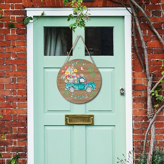 Hello Spring Blue Truck Door Sign For Front Door Decor,Colorful Tulip Flowers Butterfly Green Leaves Wooden Sign 12"x 12" Round Spring Hanging Door Sign Decoration for Wall Rustic Decor