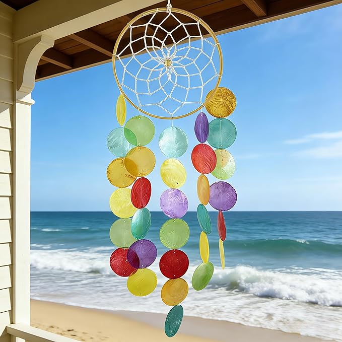 Wind Chimes for Outside Handcrafted Rainbow Dream Catchers Capiz Shells Seashell Sea Glass Arts Windchime Beach Coastal Crafts Garden Decor Gardening for Women Patio Finds