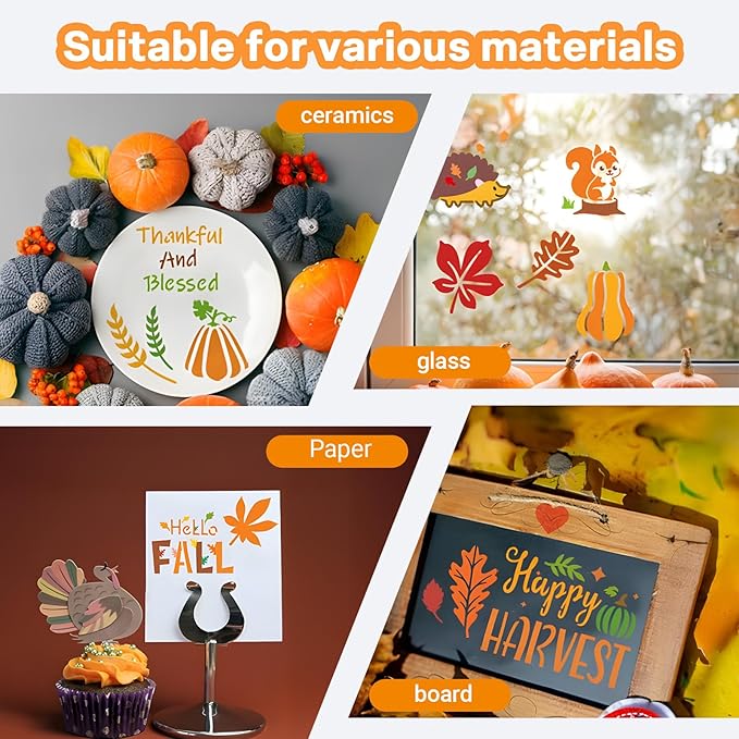 Felixcraft Thanksgiving Stencils for Painting, 64PCS 3x3 Inch Plastic Fall Stencils for Crafts Reusable, Durable PET Material for Wood Signs, Wall Art, Fabric Painting, and Festive DIY Art Projects