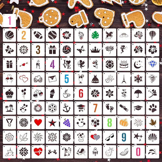 Cookie Stencils for Painting, 100PCS 3" Plastic Stencils for Crafts Reusable, Numbers, Fruits, Flowers & Sweet Patterns, Drawing Templates for Cookie Decoration, Baking Art & Home Decor