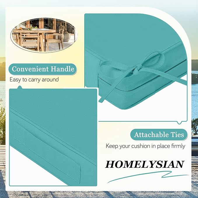 Waterproof Outdoor Chair Cushions Set of 2, Square Outdoor Seat Cushions with Ties and Removable Covers, 19 x 19 Outdoor Cushions for Patio Furniture with Portable Handle(Teal)