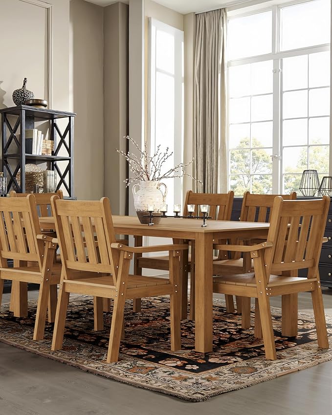 YEFU HIPS Patio Table Set: 7 Piece Outdoor Table and Chairs Dining Furniture Set with Umbrella Hole - Teak Modern Plastic Dining Sets 6 Person for Outside Deck with Metal Aluminum Frame