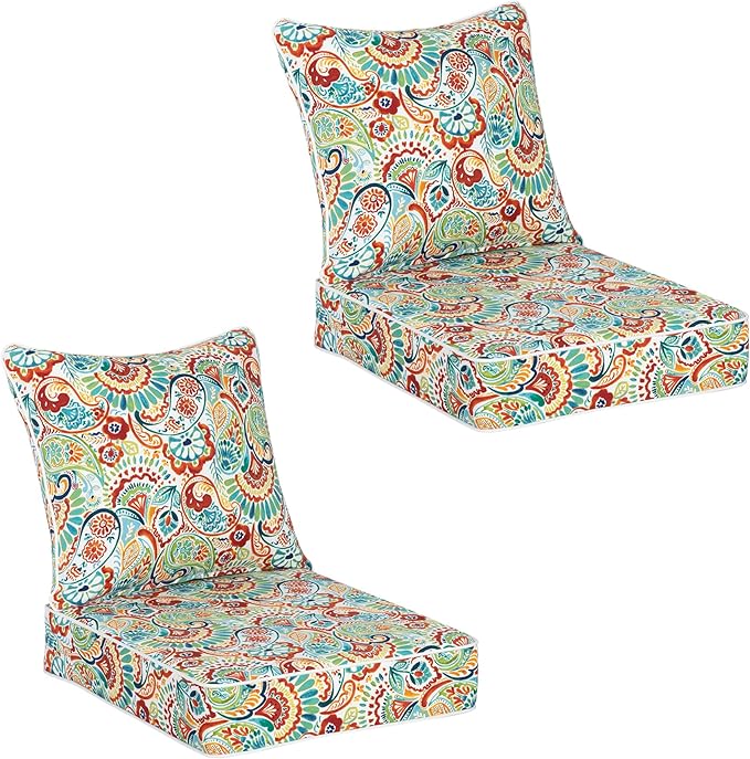COZYVIDA Outdoor Deep Seat Cushion Set of 2, 22"x24" Seat & 23"x19" Back,Water-Resistant Breathable Fabric, UV-Resistant 1000+ Hrs, 30D Foam with Recycled Fiber Fill and YKK Zippers,Boho Paisley
