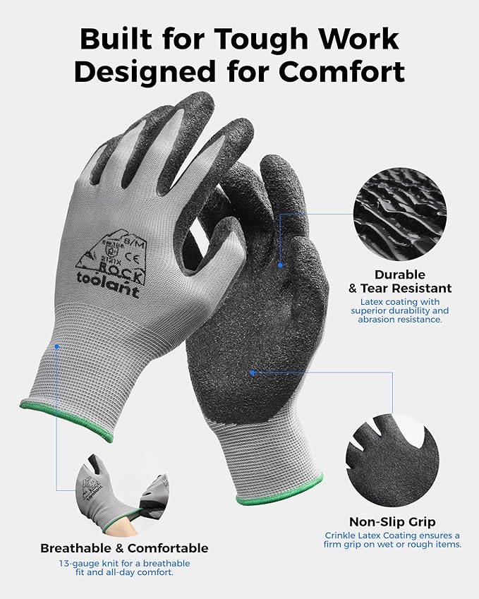 toolant Crinkle Latex Work Gloves Bulk, Rubber Coated Safety Work Gloves for Men and Women, 60 Pairs for Construction, Gardening, Warehouse (Black, Large)