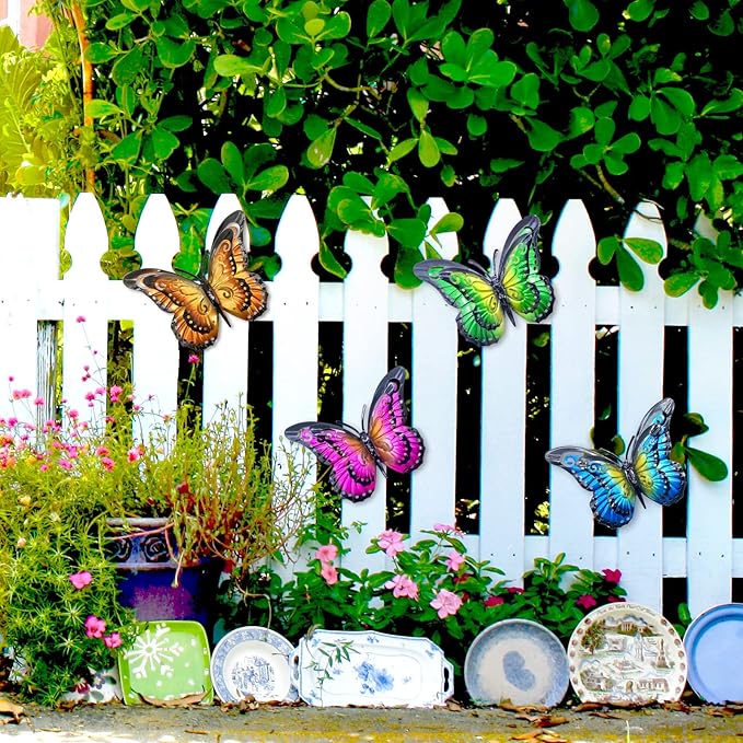 Metal Butterfly Wall Art Decor - 6.5" Outdoor Fence Decoration, Hanging for Garden Yard Living Room Bedroom Patio Balcony,Gift for Mom Dad Friends(4 Pack)