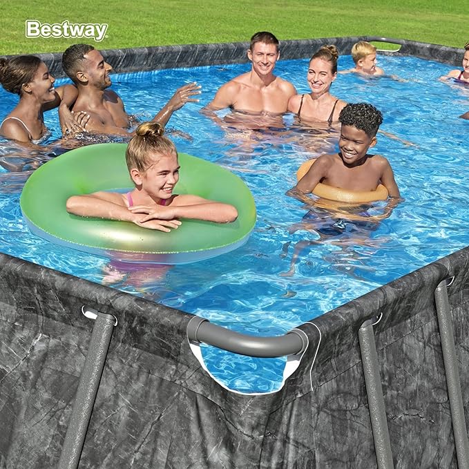 Bestway APX 365 24' x 12' x 52" Above Ground Pool, Rectangular Metal Frame Outdoor Swimming Pool Set with Sand Filter Pump, Ladder, and Cover, Dark Marble