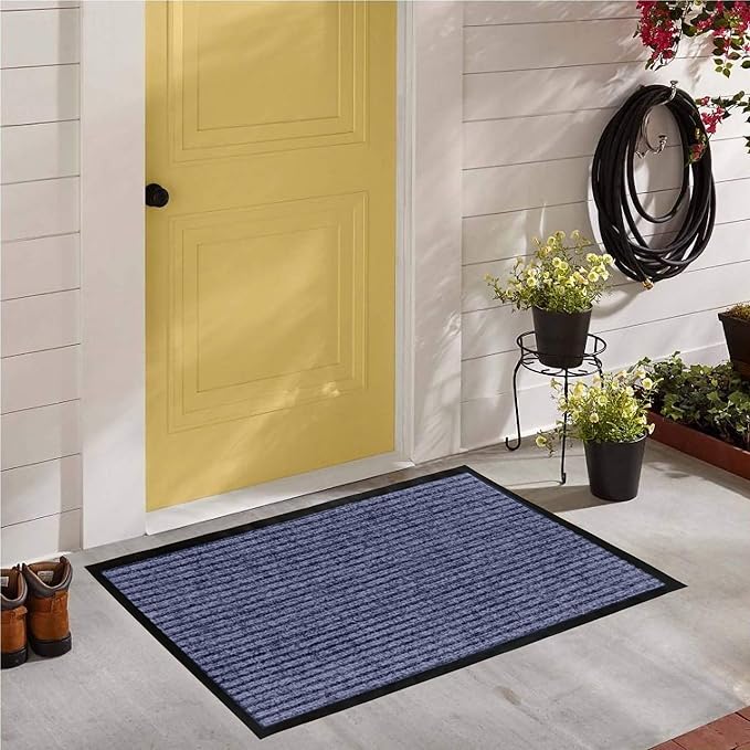 LuxUrux 2-Pack Durable Rubber Door Mats - Waterproof, Low-Profile, Indoor/Outdoor Entry Rugs for Entry, Patio, Garage - Striped Blue Design (23'' x 35'')