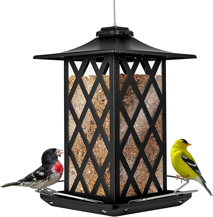 Nature's Way Outdoor Garden Décor Hanging Wild Bird Seed Feeder, Metal Lantern Gazebo Feeder, Easy Fill, Rain Drainage, Black