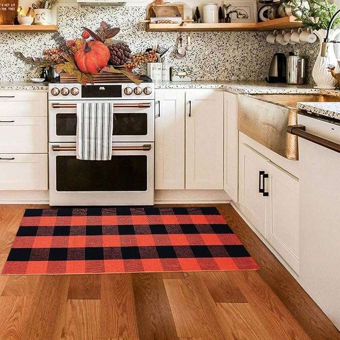 Halloween Door Mat Orange Buffalo Plaid Outdoor Rug Cotton Hand-Woven Buffalo Check Rug Layered Doormats for Front Door/Front Porch/Farmhouse/Entryway/Patio