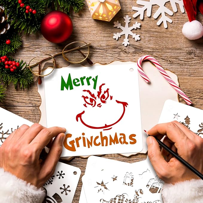 25 Pcs Christmas Stencils Reusable, 6x6 inch Christmas Stencils for Painting on Wood, Plastic Drawing Spraying Templates for Greeting Cards, Xmas Crafts Ornaments Wall Window Door DIY Decoration