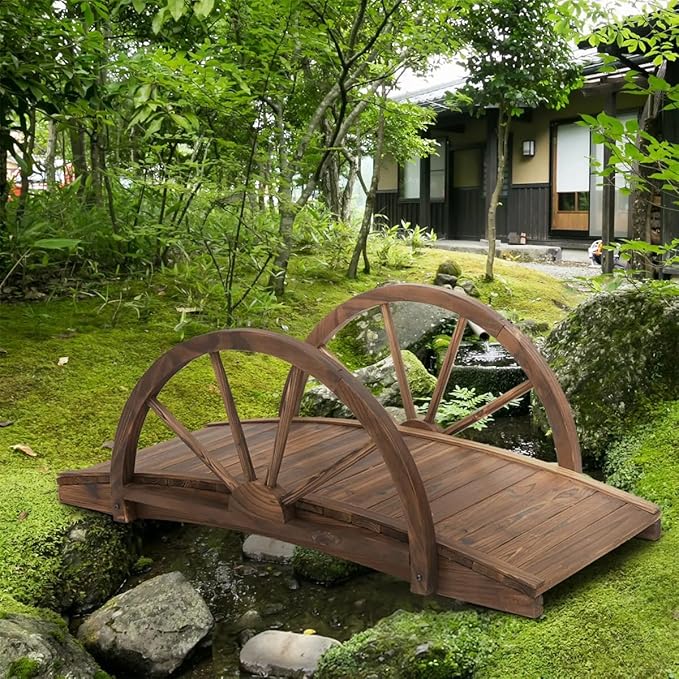 Wooden Garden Bridge - Stained Wood Arc Footbridge with Half-Wheel Style Railings,for Backyard, Gravel Road, Creek, Farm(Stained Wood)