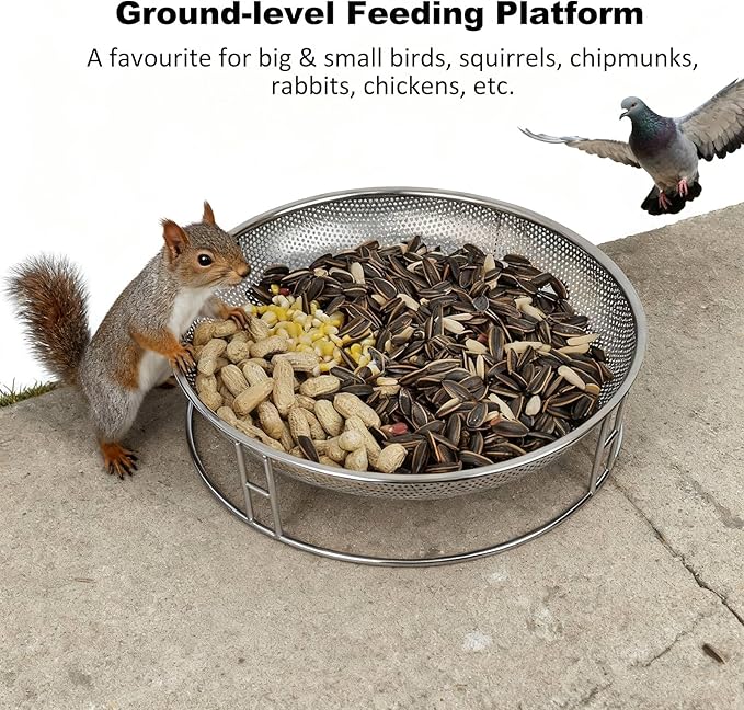 13-Inch Ground Bird Feeder, Stainless Steel Ground Feeding Platform for Wild Birds, Squirrels, Rabbits, Chicken with Additional Birdseed Feeder Tray, Attract Creatures for Backyard, Patio