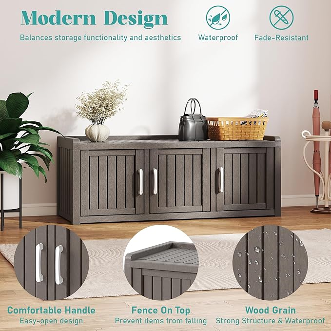 KAMABOKO Shoe Storage Cabinet Waterproof UV-Resistant, Entryway Storage Bench Indoor Outdoor with 3 Barn Doors, Adjustable Shelves for Entryway, Bedroom, Hallway,Living Room(Grey)