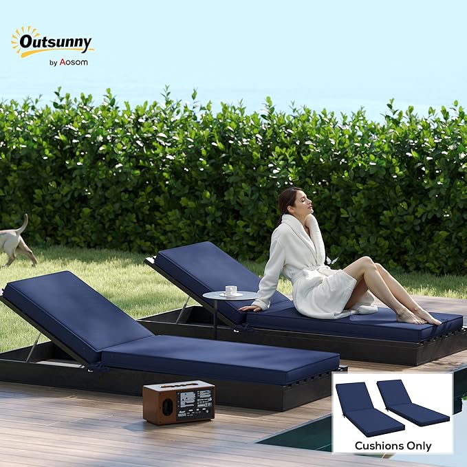 Outsunny Chaise Lounge Cushions Outdoor Set of 2, Fade Resistant, 72 x 21 x 3 in Sun Lounger Replacement Cushions, Patio Lounge Chair Pads with Removable Cover for Pool, Beach, Deck, Lawn, Navy Blue