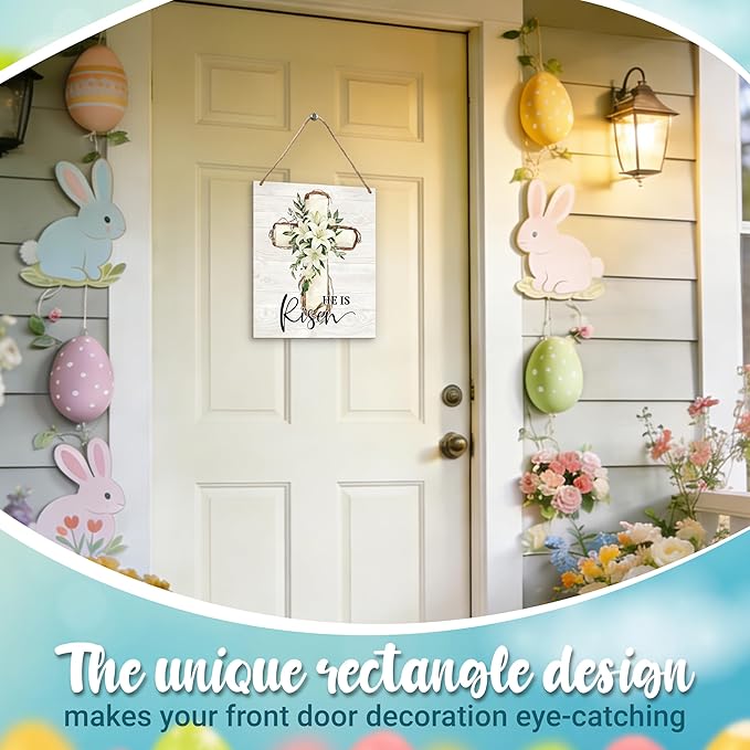 Easter Welcome Sign for Front Door, He is Risen Easter Door Sign Decor, Religious Cross Rectangle Wood Sign Hanger for Outdoor Farmhouse Garden Porch Home - C01