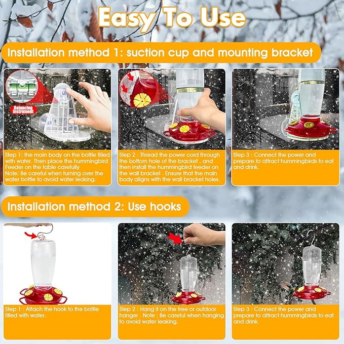 2 Pack Heated Hummingbird Feeders for Winter Outdoors, 15oz Plastic Humming Bird Feeder for Winter with 4 Feeding Ports, Easy Cleaning and Filling Window Hummingbird Feeder with Suction Cup and Hook